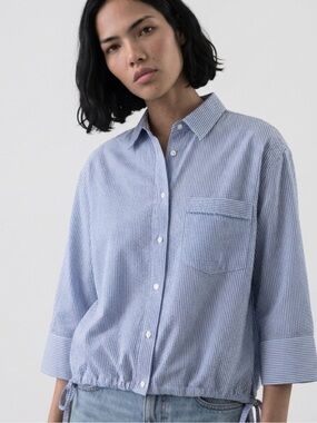 Melissa Nepton Light Blue Pinstripe Button-Down Shirt 100% Linen